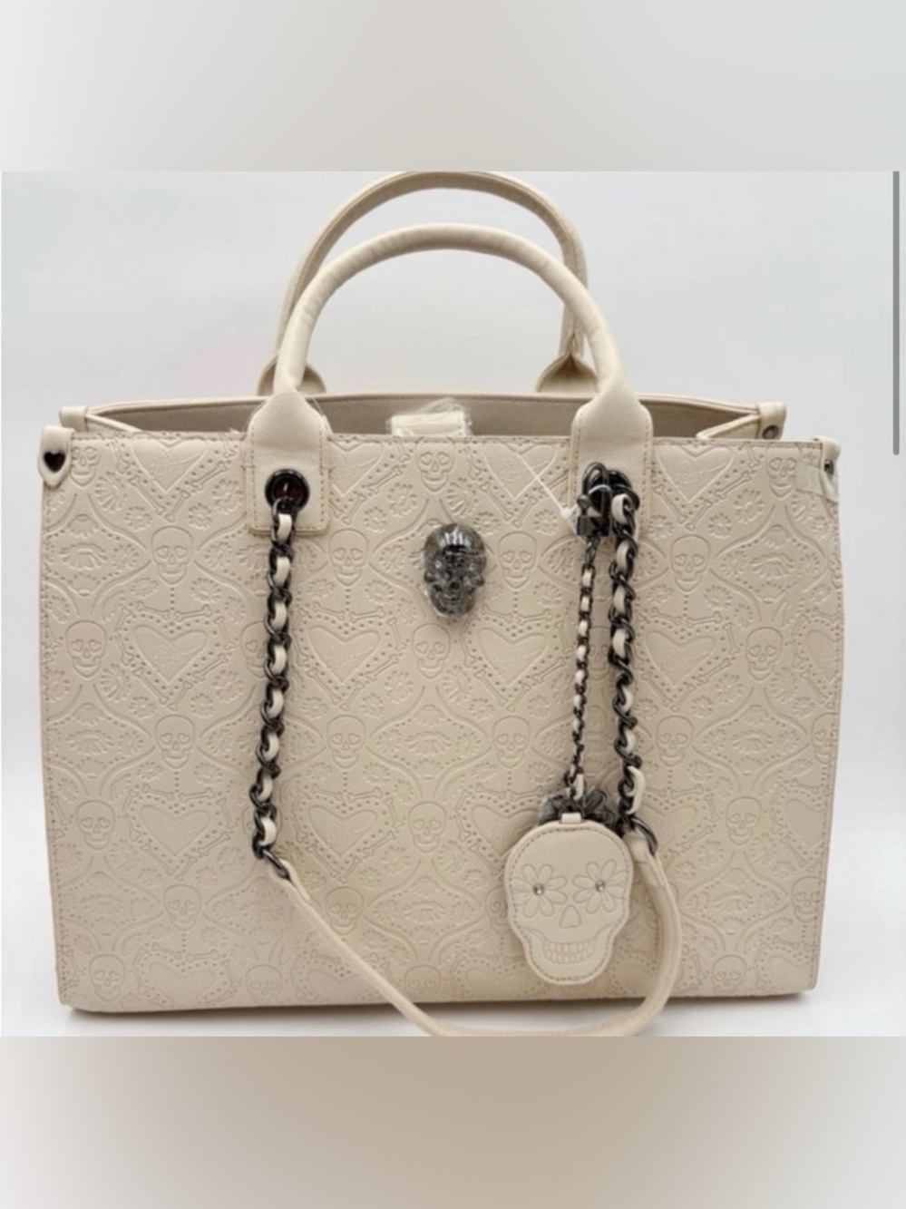 Betsey Johnson Cream Embossed Skull Tote with Chain Straps NEW WITH TAGS!